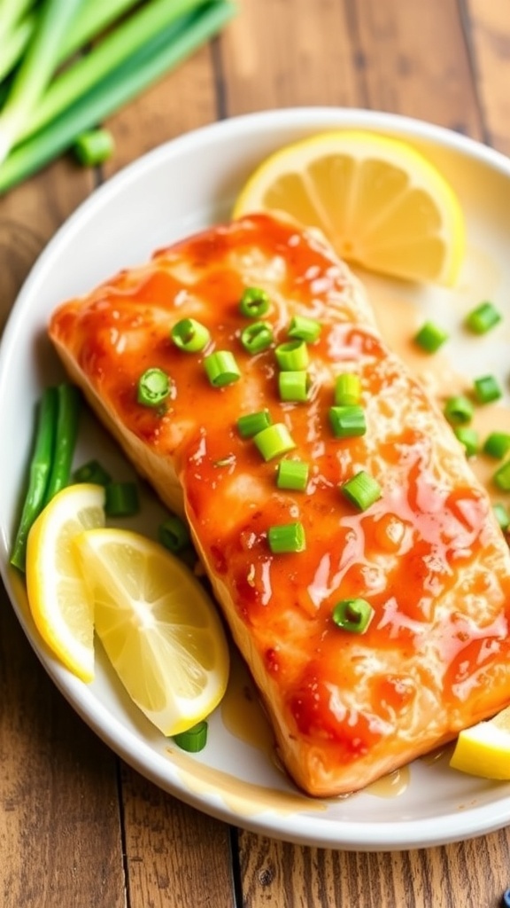 Air fryer honey garlic salmon fillet garnished with green onions and lemon wedges on a rustic table.